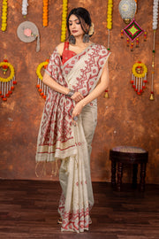 Parnita Beige & Red Muga Cotton Jamdani Saree